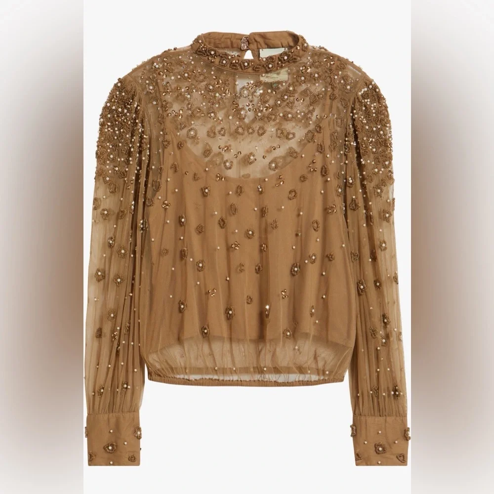 Farm Rio Embroidered Tulle Lined Blouse in Caramel - Picture 2 of 6